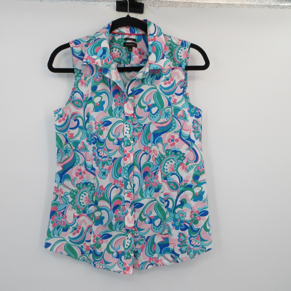 Talbots Womens Sleeveless Non-Iron Button Down Paisley Floral Shirt Pink Green 4